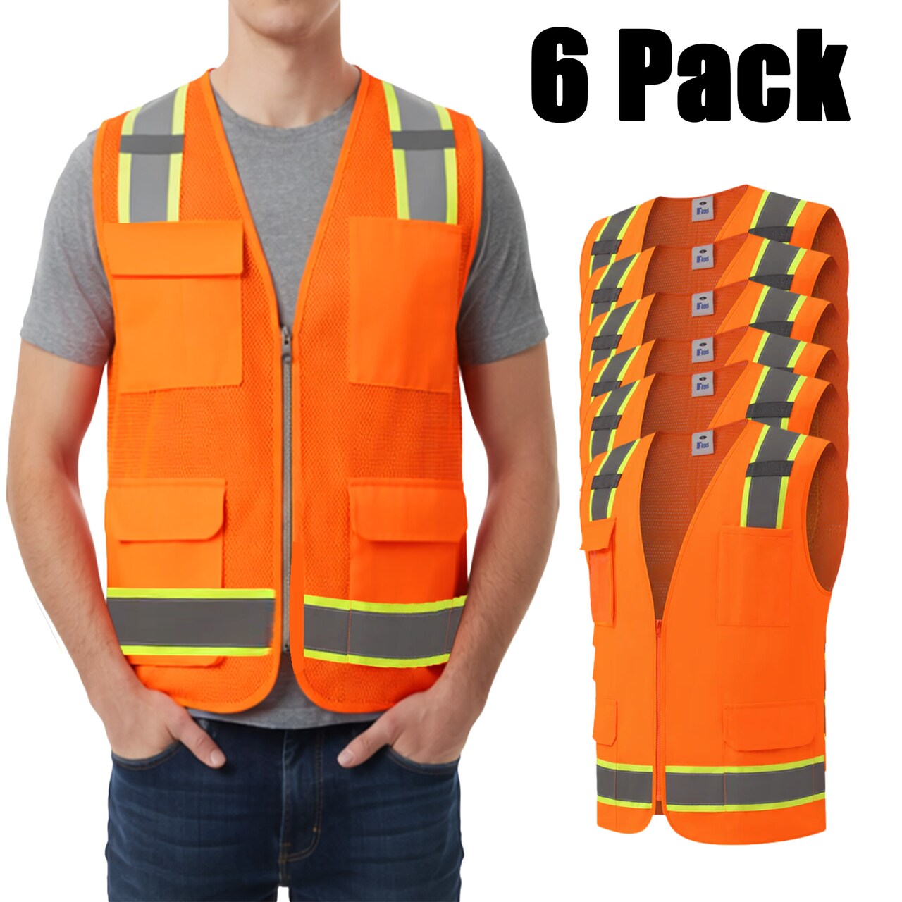 Zfeel Mesh High-Visibility Safety Vest, Zip Closure, Multi-Pocket, Neon Orange & Yellow, Pack of 6